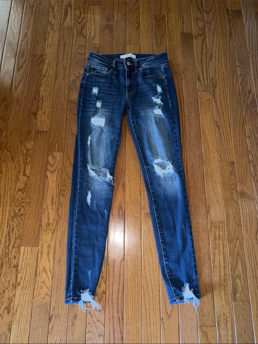 KanCan Distressed Dark Blue Skinny Jeans with Frayed Ankles
